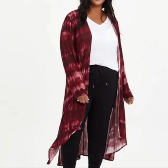Torrid Women’s Red Tie Dye Gauze Long Sleeve Open Front Cardigan - Picture 12 of 14